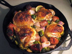 Chicken, Italian Sausage, Brussel Sprouts and Shallots One Skillet Dinner