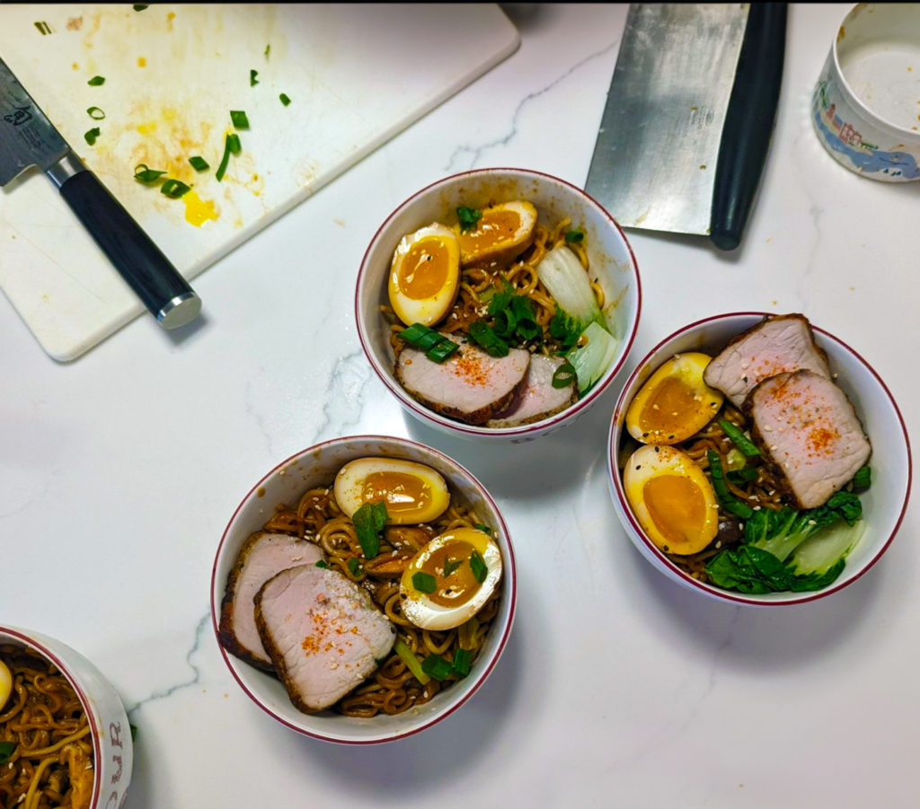 Ramen Bowl with Pork Loin Shiitake Mushrooms Bok Cho and Soy-Marinated Egg